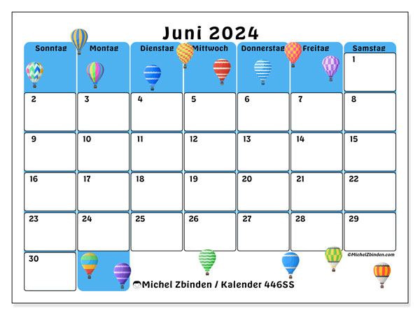 Kalender Juni 2024, 446SS, druckfertig und kostenlos.