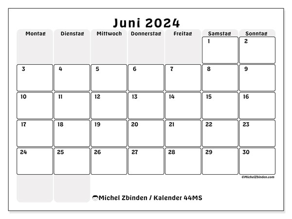 Kalender Juni 2024, 44MS. Programm zum Ausdrucken kostenlos.