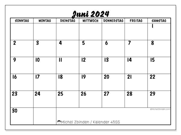 Kalender Juni 2024, 45SS. Programm zum Ausdrucken kostenlos.