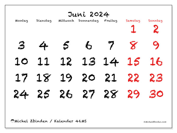 Kalender Juni 2024, 46MS. Programm zum Ausdrucken kostenlos.