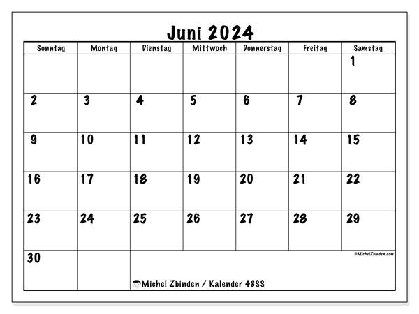Kalender Juni 2024, 48SS, druckfertig und kostenlos.