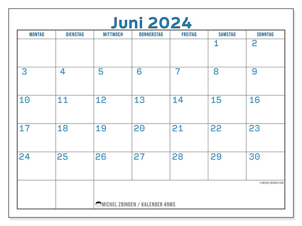 Kalender Juni 2024, 49SS. Programm zum Ausdrucken kostenlos.