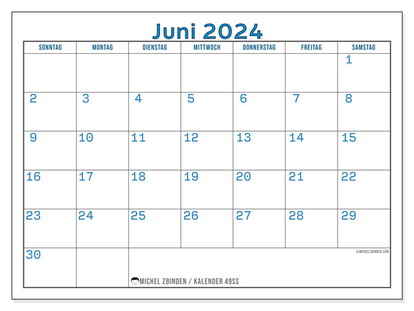 Kalender Juni 2024, 49SS. Programm zum Ausdrucken kostenlos.