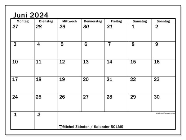 Kalender Juni 2024, 501MS, druckfertig und kostenlos.