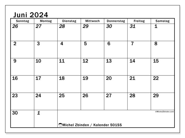 Kalender Juni 2024 “501”. Programm zum Ausdrucken kostenlos.. Sonntag bis Samstag