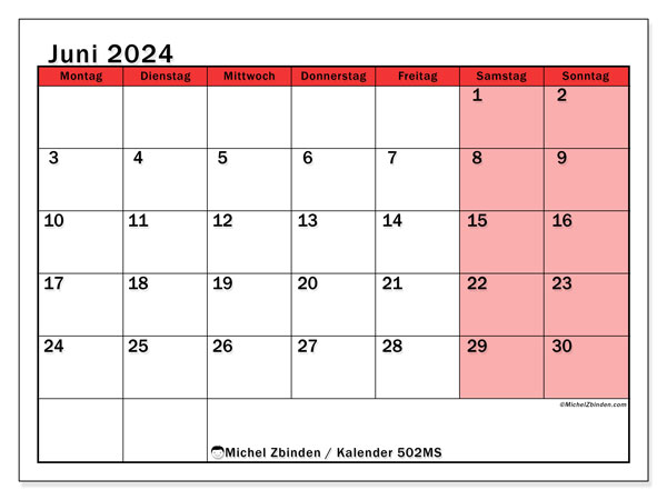 Kalender Juni 2024 “502”. Kalender zum Ausdrucken kostenlos.. Montag bis Sonntag