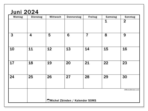 Kalender Juni 2024, 50MS. Programm zum Ausdrucken kostenlos.