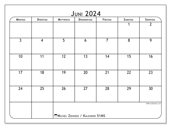Kalender Juni 2024, 51MS. Programm zum Ausdrucken kostenlos.