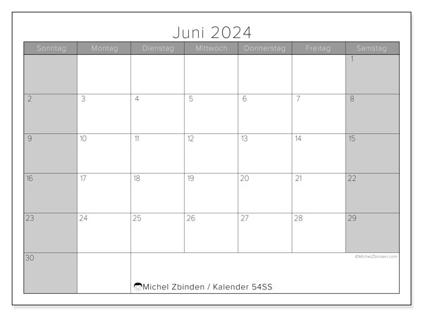 Kalender Juni 2024, 54SS, druckfertig und kostenlos.