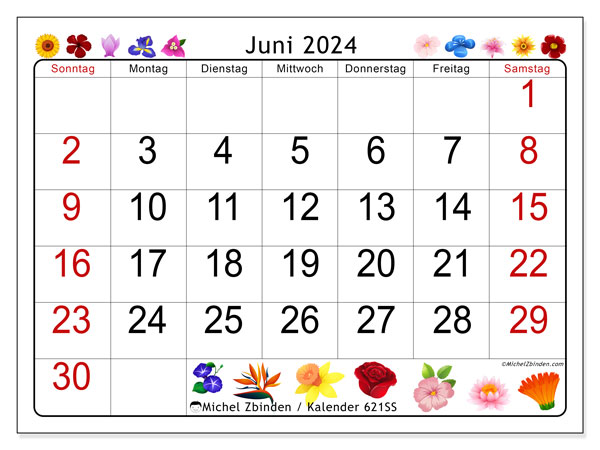 Kalender Juni 2024, 621SS. Programm zum Ausdrucken kostenlos.