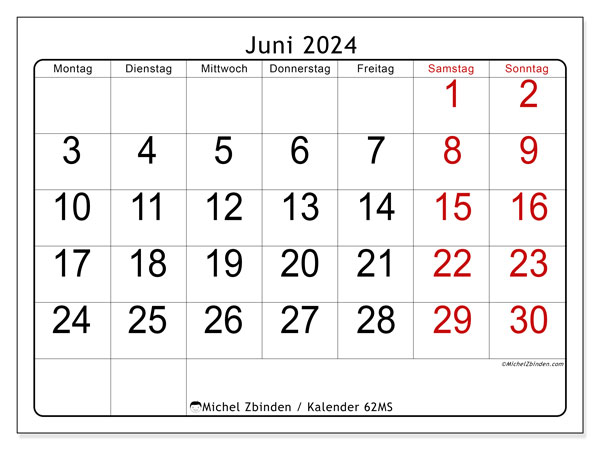 Kalender Juni 2024, 62MS. Programm zum Ausdrucken kostenlos.