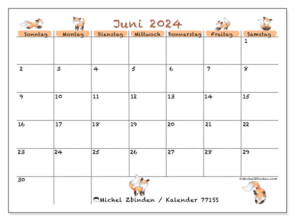 Kalender Juni 2024, 771SS. Programm zum Ausdrucken kostenlos.