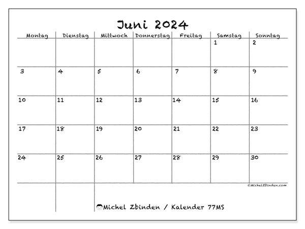 Kalender Juni 2024, 77SS. Programm zum Ausdrucken kostenlos.