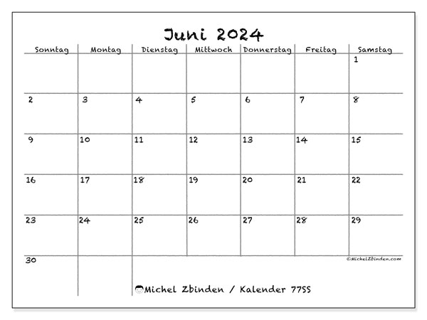 Kalender Juni 2024, 77SS. Programm zum Ausdrucken kostenlos.