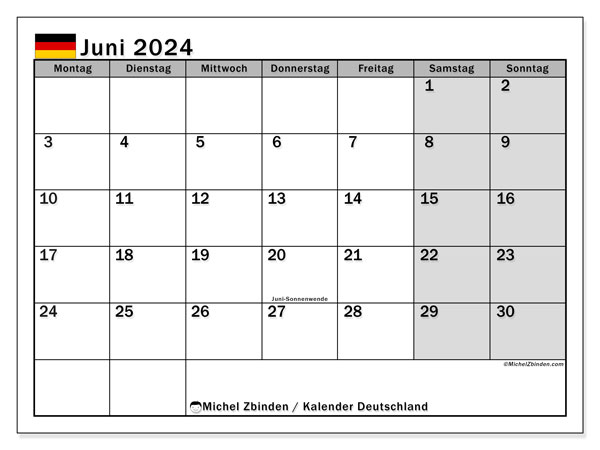 Kalender Juni 2024 “Deutschland”. Plan zum Ausdrucken kostenlos.. Montag bis Sonntag