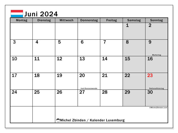 Kalender Juni 2024 “Luxemburg”. Programm zum Ausdrucken kostenlos.. Montag bis Sonntag