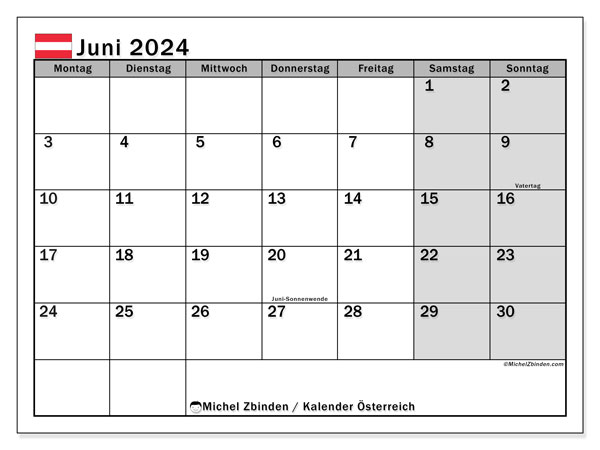 Kalender Juni 2024, Österreich. Programm zum Ausdrucken kostenlos.