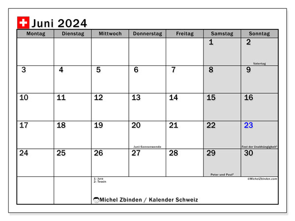 Kalender Juni 2024 “Schweiz”. Programm zum Ausdrucken kostenlos.. Montag bis Sonntag