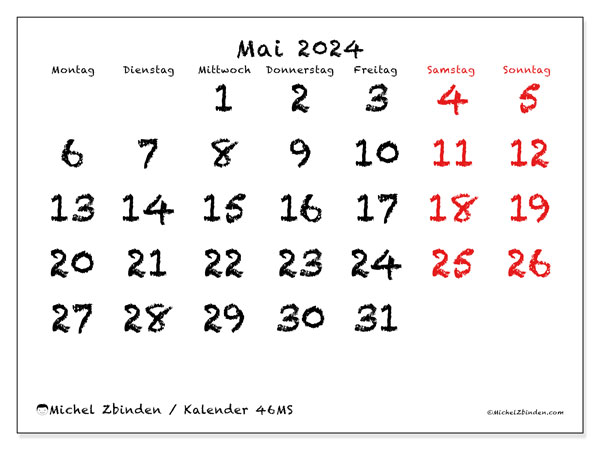 Kalender Mai 2024, 46MS, druckfertig und kostenlos.