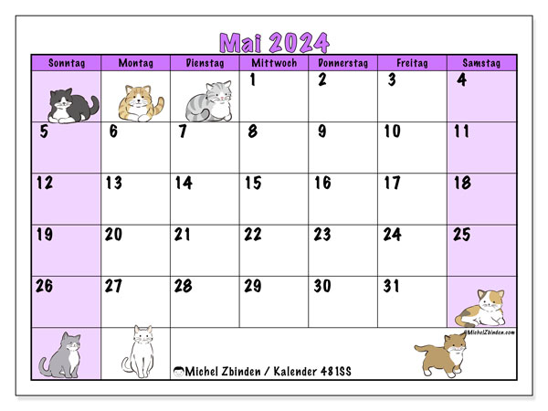 Kalender Mai 2024, 481SS. Kalender zum Ausdrucken kostenlos.