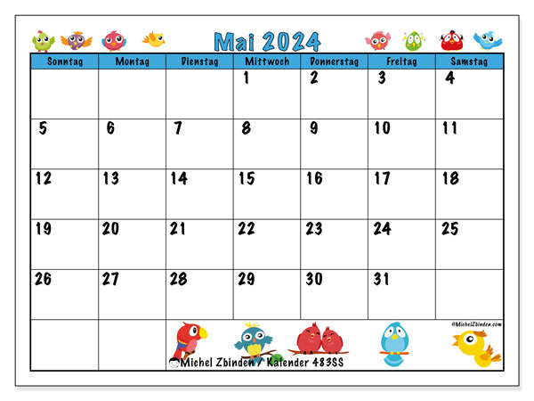 Kalender Mai 2024 “483”. Kalender zum Ausdrucken kostenlos.. Sonntag bis Samstag