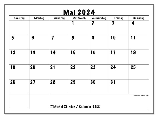 Kalender Mai 2024, 48SS. Kalender zum Ausdrucken kostenlos.