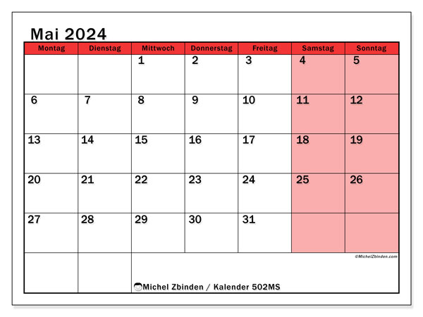Kalender Mai 2024 “502”. Kalender zum Ausdrucken kostenlos.. Montag bis Sonntag