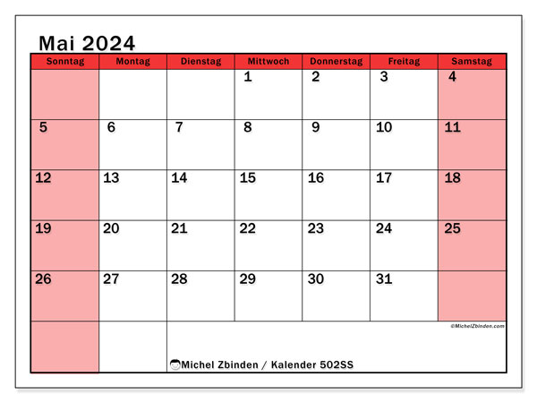 Kalender Mai 2024 “502”. Kalender zum Ausdrucken kostenlos.. Sonntag bis Samstag