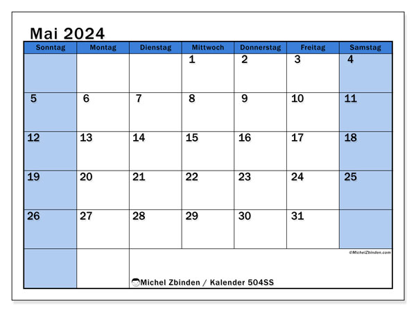 Kalender Mai 2024, 504SS, druckfertig und kostenlos.