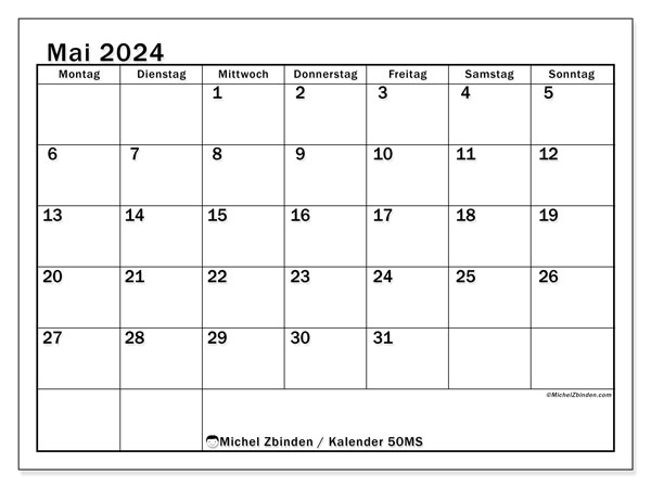 Kalender Mai 2024, 50MS, druckfertig und kostenlos.