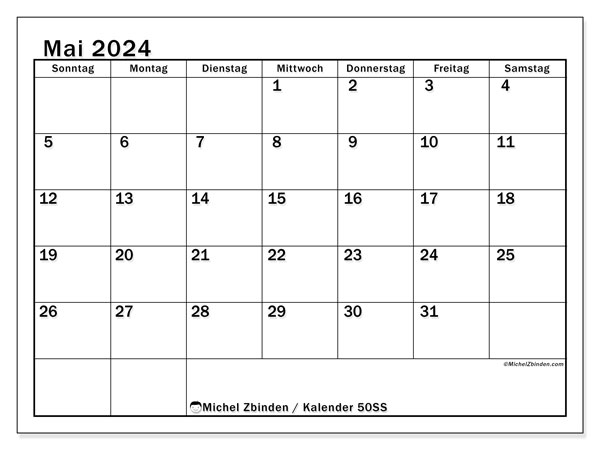 Kalender Mai 2024, 50SS. Kalender zum Ausdrucken kostenlos.