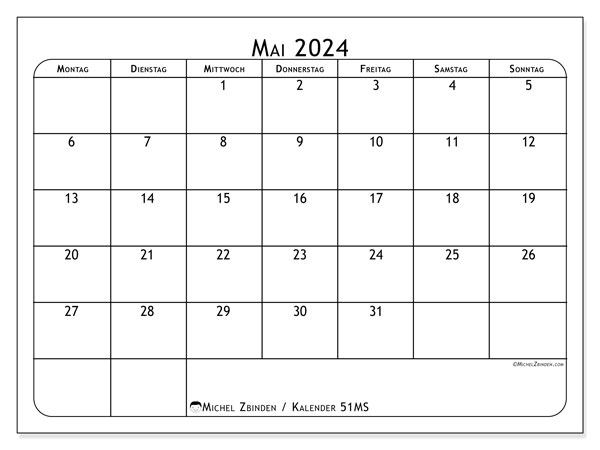Kalender Mai 2024 “51”. Kalender zum Ausdrucken kostenlos.. Montag bis Sonntag
