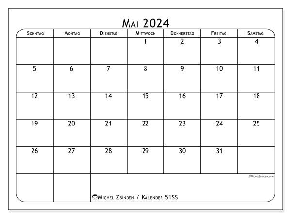 Kalender Mai 2024 “51”. Kalender zum Ausdrucken kostenlos.. Sonntag bis Samstag