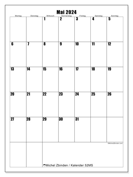 Kalender Mai 2024 “52”. Programm zum Ausdrucken kostenlos.. Montag bis Sonntag