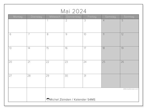 Kalender Mai 2024 “54”. Plan zum Ausdrucken kostenlos.. Montag bis Sonntag