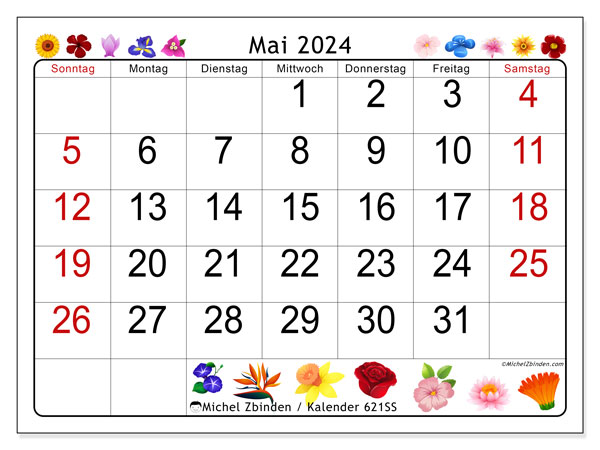 Kalender Mai 2024 “621”. Programm zum Ausdrucken kostenlos.. Sonntag bis Samstag