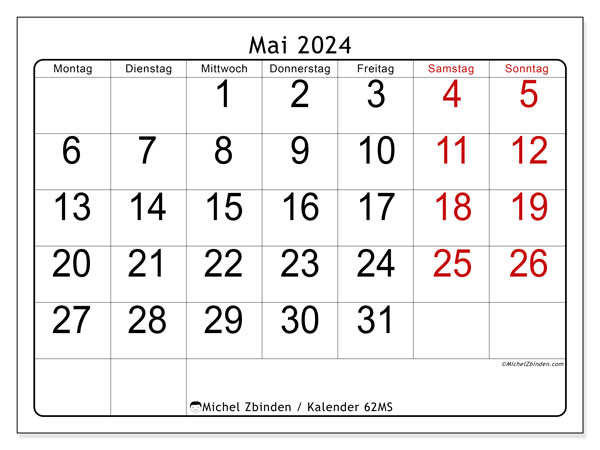 Kalender Mai 2024, 62SS. Kalender zum Ausdrucken kostenlos.