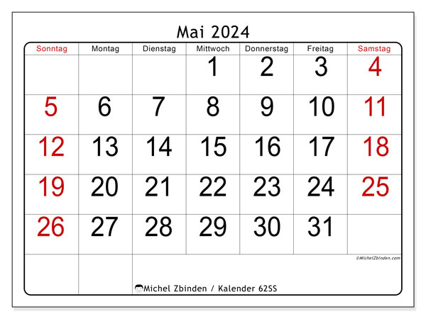 Kalender Mai 2024, 62SS. Kalender zum Ausdrucken kostenlos.