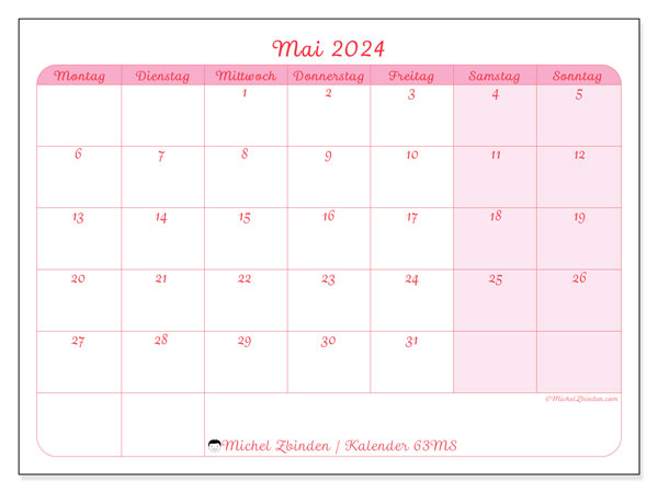 Kalender Mai 2024 “63”. Plan zum Ausdrucken kostenlos.. Montag bis Sonntag