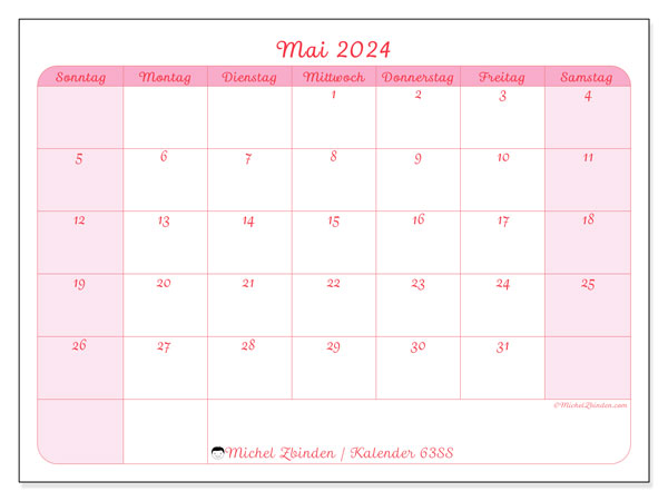 Kalender Mai 2024 “63”. Plan zum Ausdrucken kostenlos.. Sonntag bis Samstag