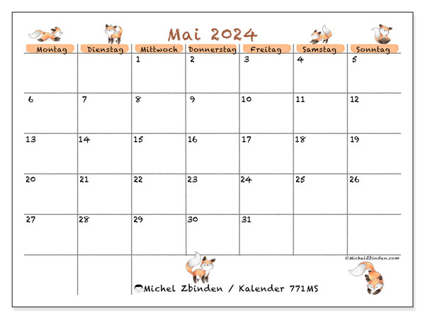 Kalender Mai 2024, 771MS. Kalender zum Ausdrucken kostenlos.