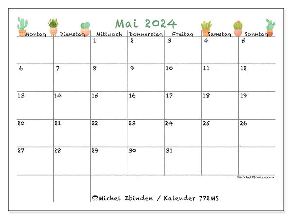 Kalender Mai 2024 “772”. Plan zum Ausdrucken kostenlos.. Montag bis Sonntag