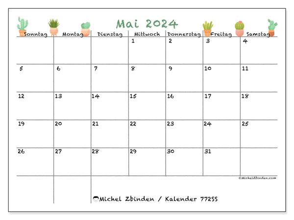 Kalender Mai 2024 “772”. Plan zum Ausdrucken kostenlos.. Sonntag bis Samstag
