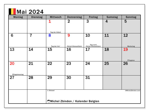 Kalender Mai 2024 “Belgien”. Plan zum Ausdrucken kostenlos.. Montag bis Sonntag