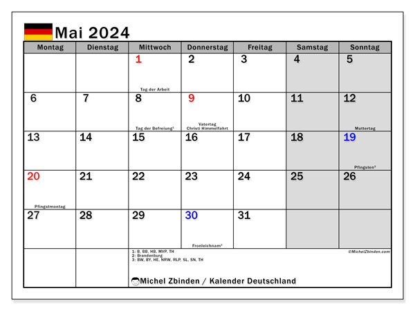 Kalender Mai 2024 “Deutschland”. Programm zum Ausdrucken kostenlos.. Montag bis Sonntag
