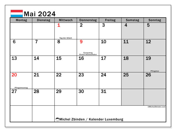 Calendario maggio 2024, Lussemburgo (DE). Programma da stampare gratuito.
