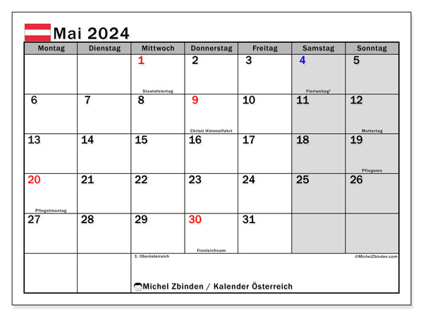 Kalender Mai 2024 “Österreich”. Kalender zum Ausdrucken kostenlos.. Montag bis Sonntag
