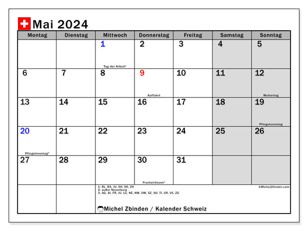 Kalender Mai 2024, Schweiz. Programm zum Ausdrucken kostenlos.
