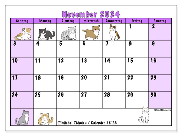 Kalender November 2024, 481SS. Programm zum Ausdrucken kostenlos.