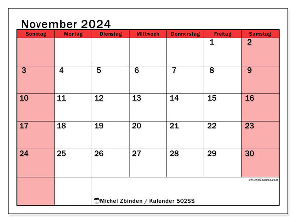Kalender November 2024, 502SS. Programm zum Ausdrucken kostenlos.